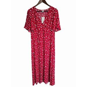 A New Day Red Floral Maxi Dress Size 12 Short Flutter Sleeves NEW Cottage Core